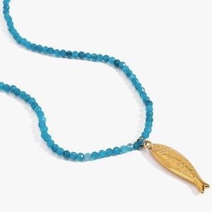 Gold Fish Pendant blue Beaded Necklace